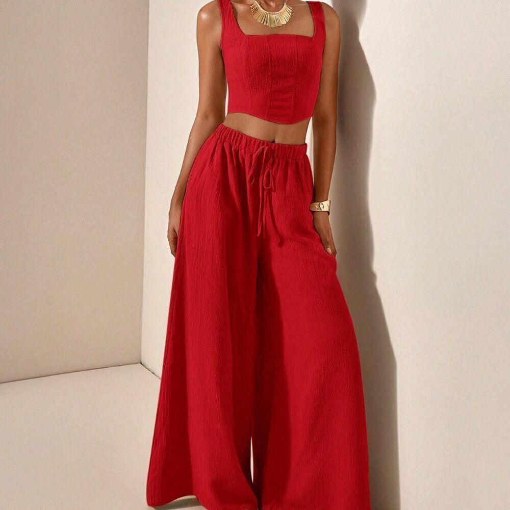 Red womens crop top & flowy wide legged pants textured fabric coord set - Picture 5 of 8